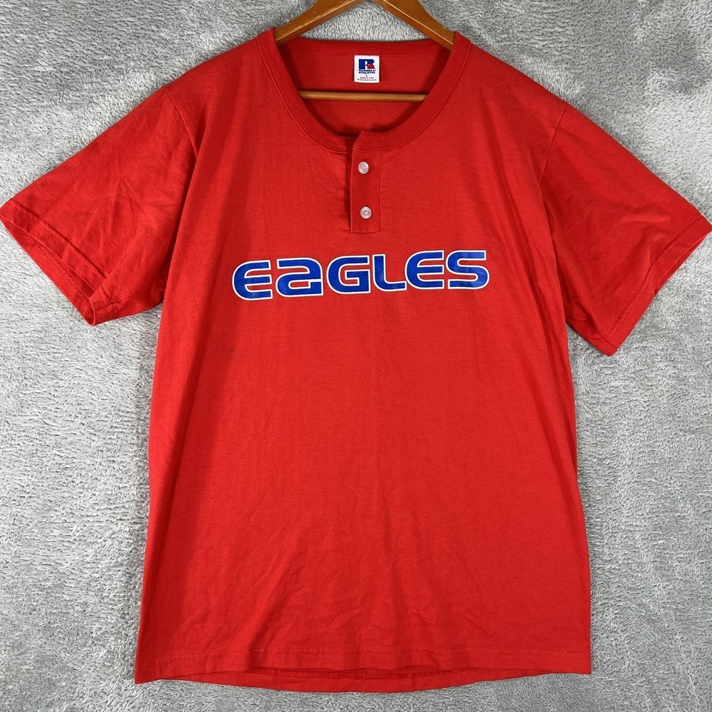 Vintage Russell Athletic Eagles Henley T Shirt‎ Mens Large Red Graphic 17 USA